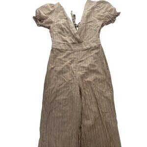 Free People Striped Tan Wide-Leg Jumpsuit W/Short Ruffle Sleeves & Tie Back M
